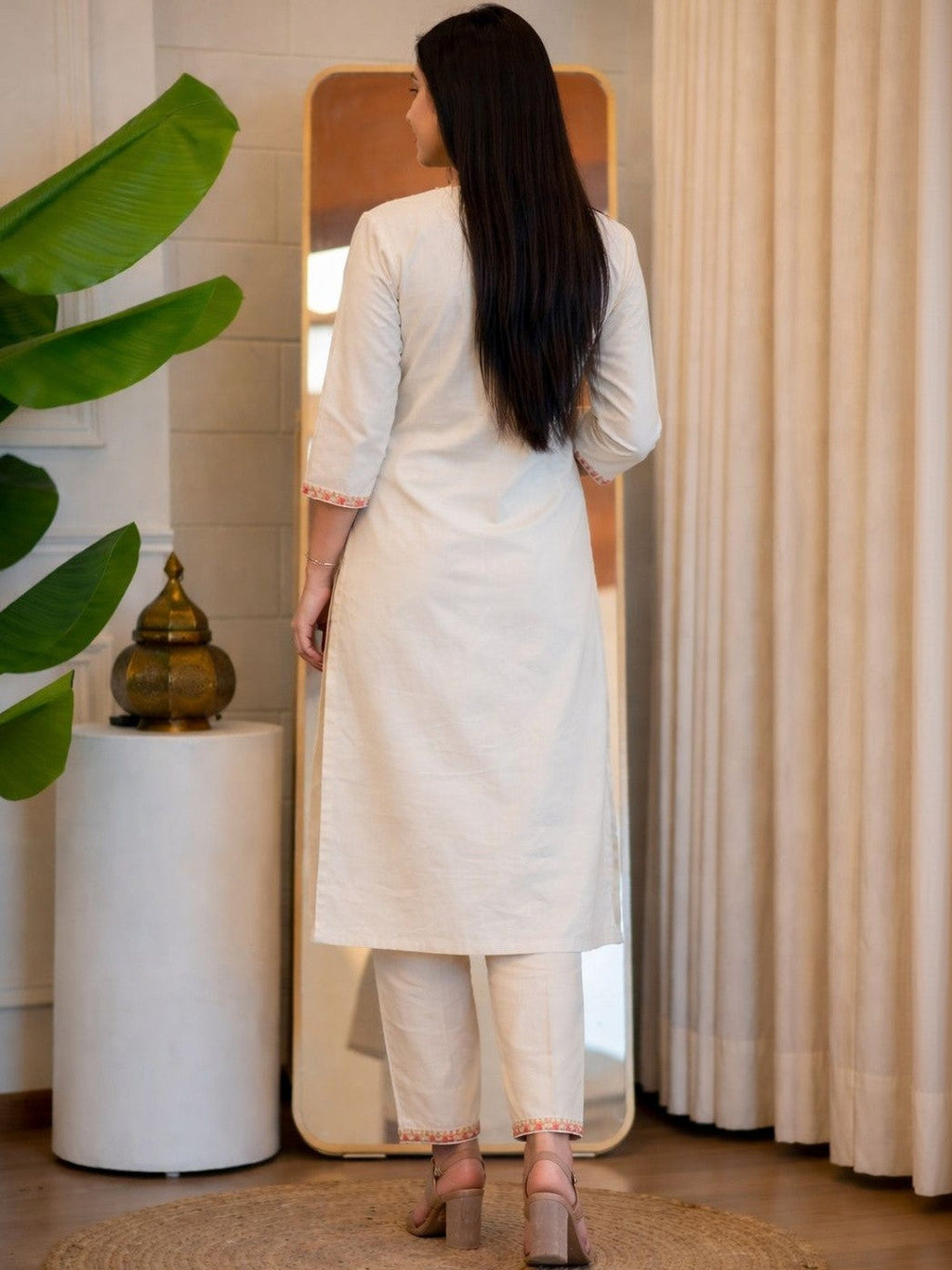 Ivory Floral Embroidered Cotton Kurta Set with Straight Pants for Women