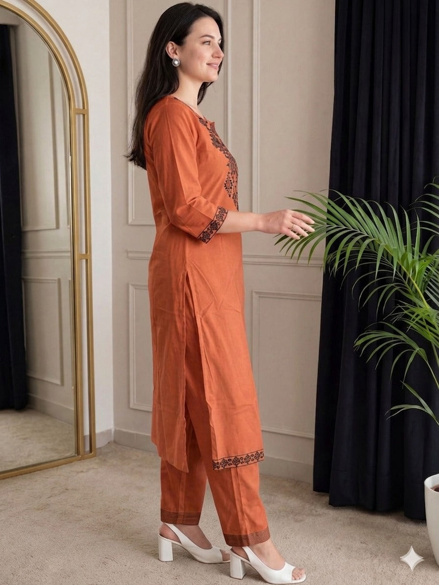 Rust Orange Embroidered Cotton Kurta Set with Straight Pants for Women