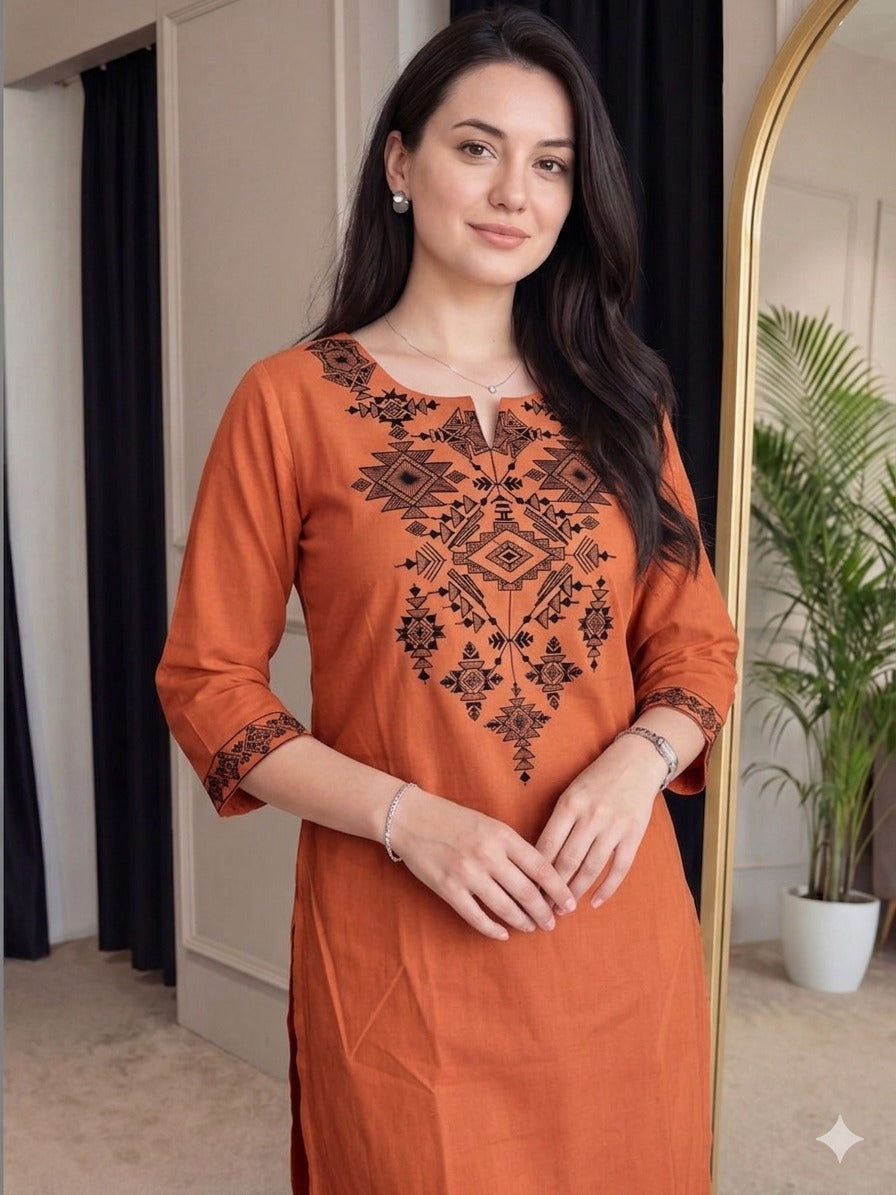 Rust Orange Embroidered Cotton Kurta Set with Straight Pants for Women