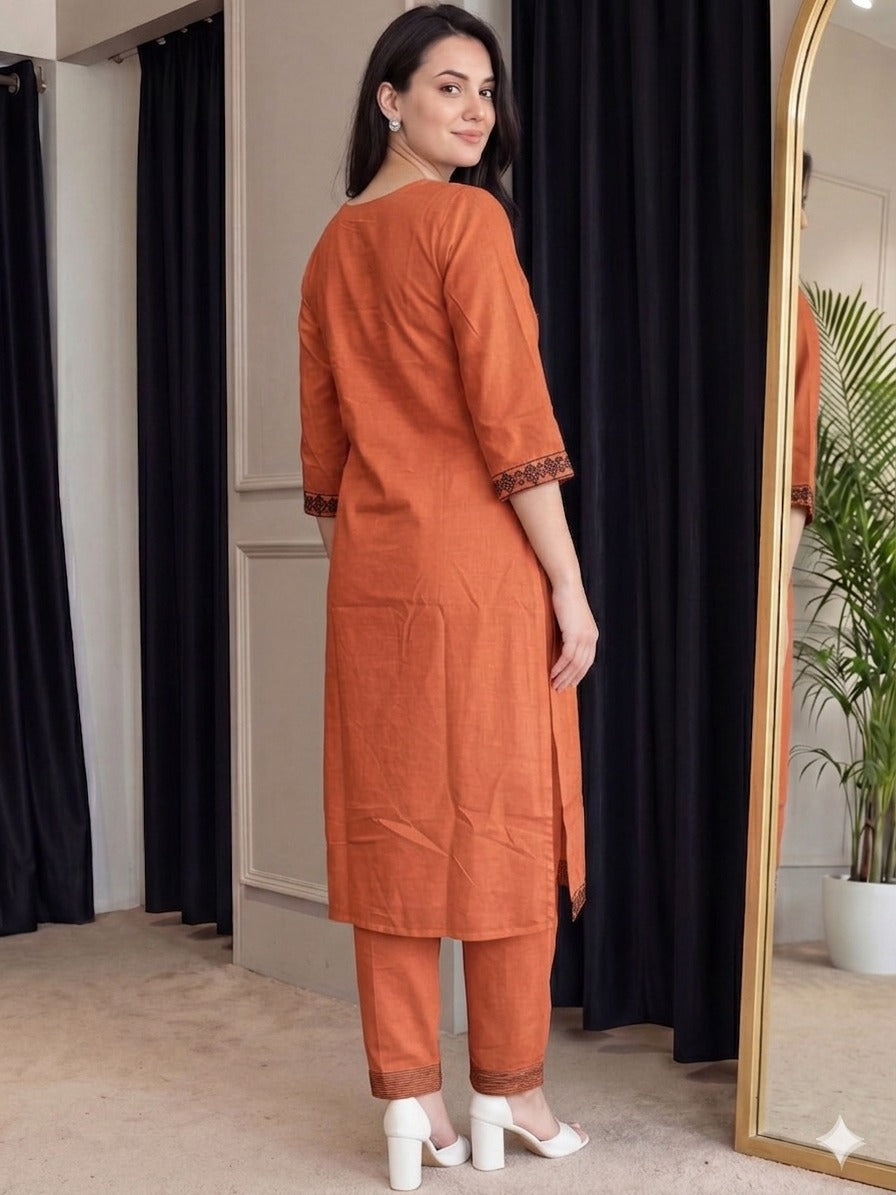 Rust Orange Embroidered Cotton Kurta Set with Straight Pants for Women