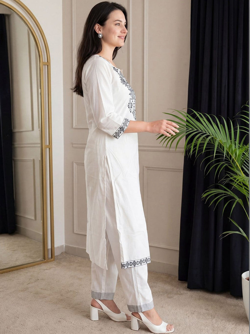 White & Black Embroidered Cotton Kurta Set with Straight Pants for Women