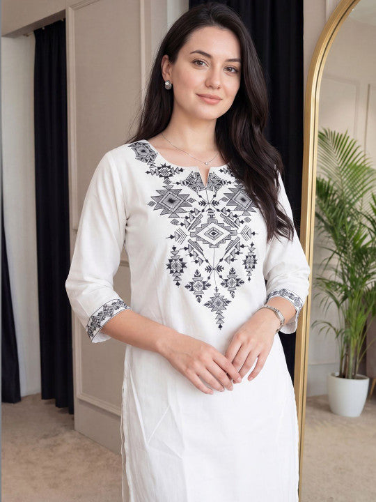White & Black Embroidered Cotton Kurta Set with Straight Pants for Women