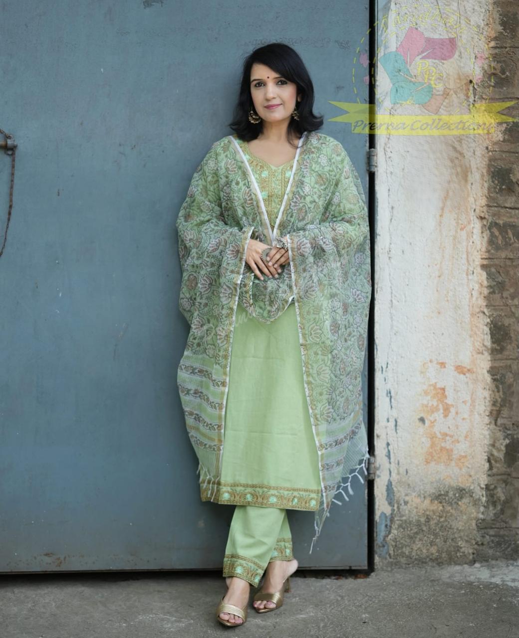 Mint Green Handblock Printed Cotton Kurta Set with Floral Kota Doria Dupatta for Women
