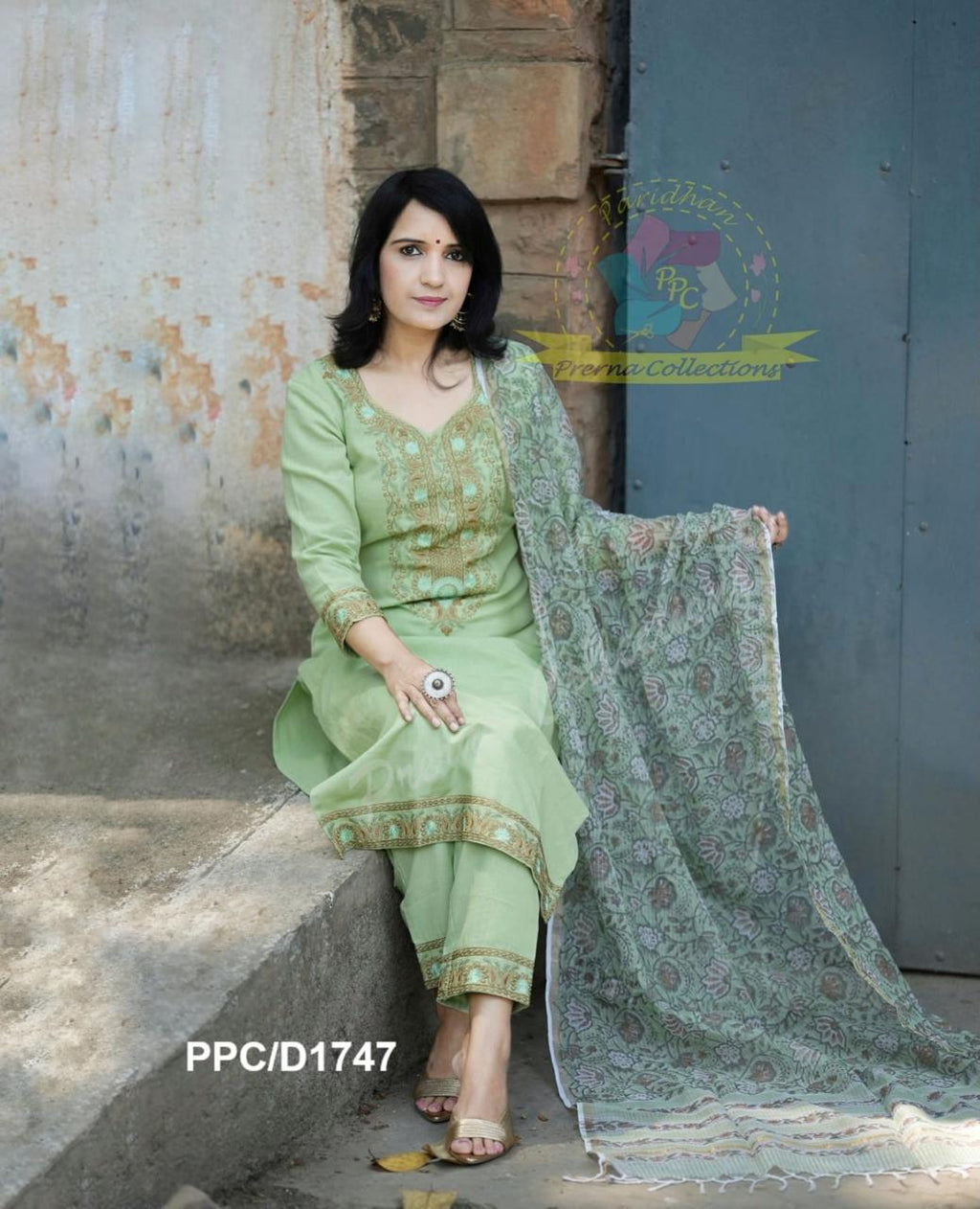Mint Green Handblock Printed Cotton Kurta Set with Floral Kota Doria Dupatta for Women