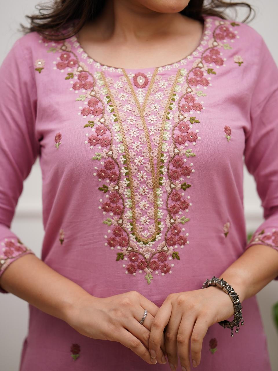 Blush Pink Embroidered Cotton Kurta Set with Crinkle Dupatta for Women