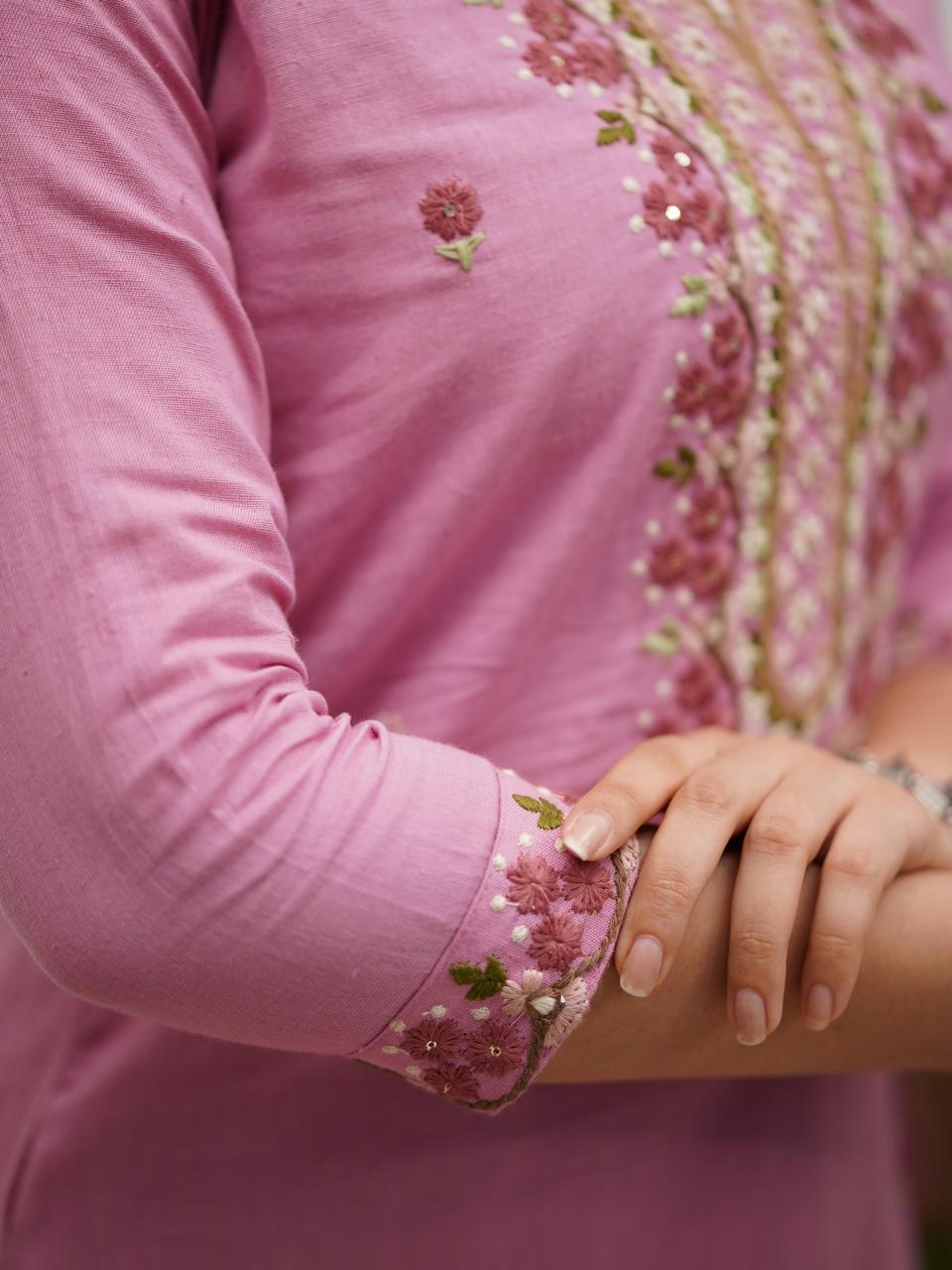 Blush Pink Embroidered Cotton Kurta Set with Crinkle Dupatta for Women