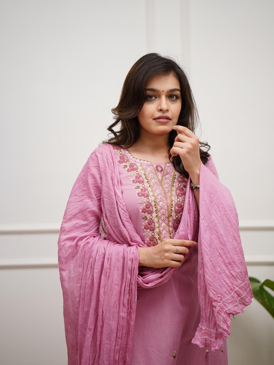 Blush Pink Embroidered Cotton Kurta Set with Crinkle Dupatta for Women