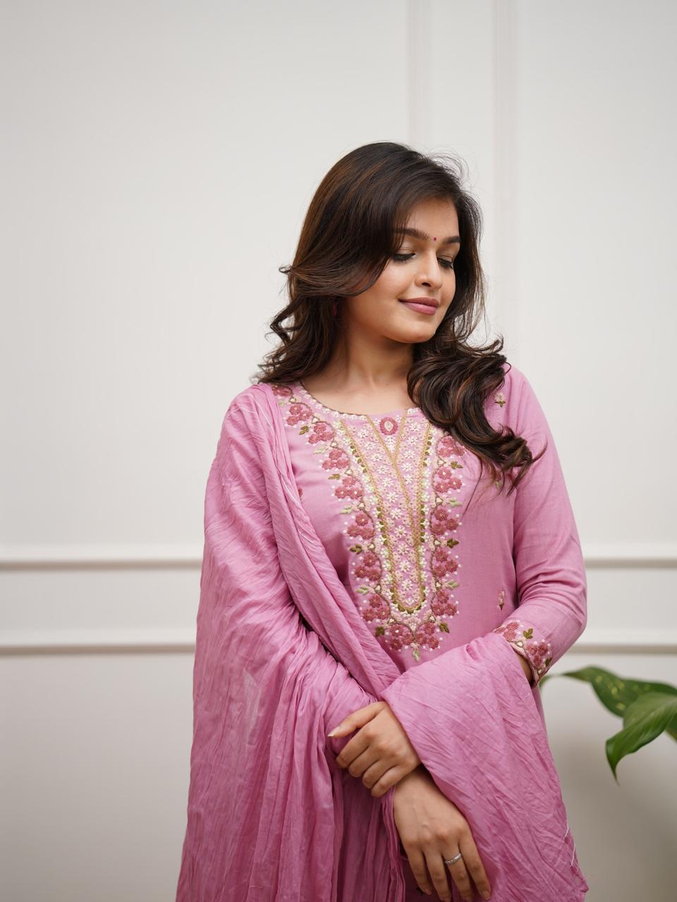 Blush Pink Embroidered Cotton Kurta Set with Crinkle Dupatta for Women