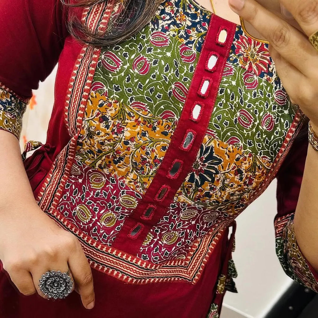 Wine Red Heritage Print A-Line Kurta