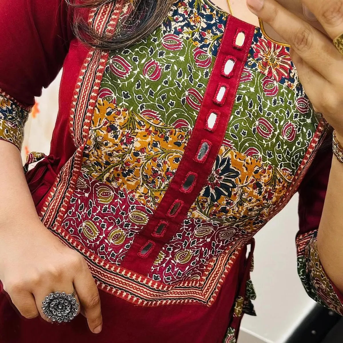 Wine Red Heritage Print A-Line Kurta