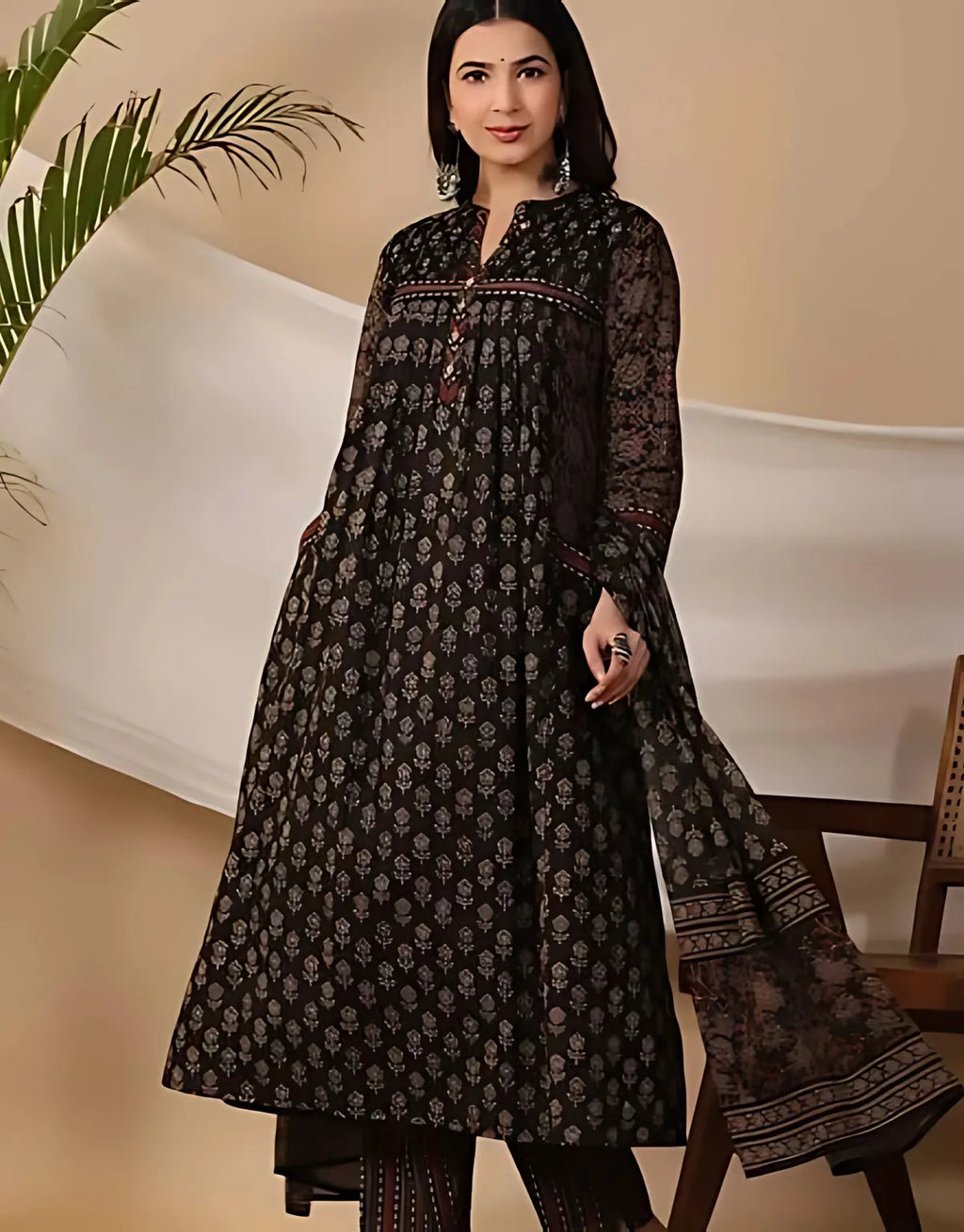 Black Printed Kurta Pant Set with Matching Dupatta | Elegant Women's Ethnic Wear