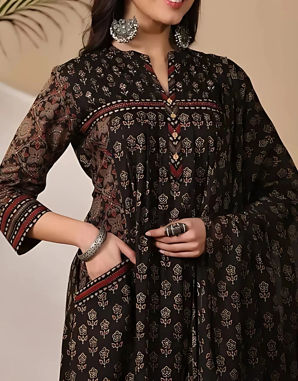Black Printed Kurta Pant Set with Matching Dupatta | Elegant Women's Ethnic Wear