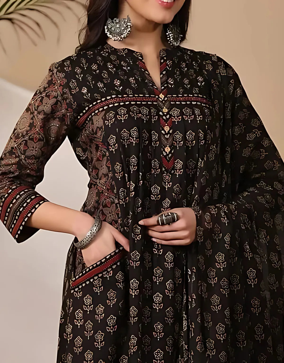 Black Printed Kurta Pant Set with Matching Dupatta | Elegant Women's Ethnic Wear