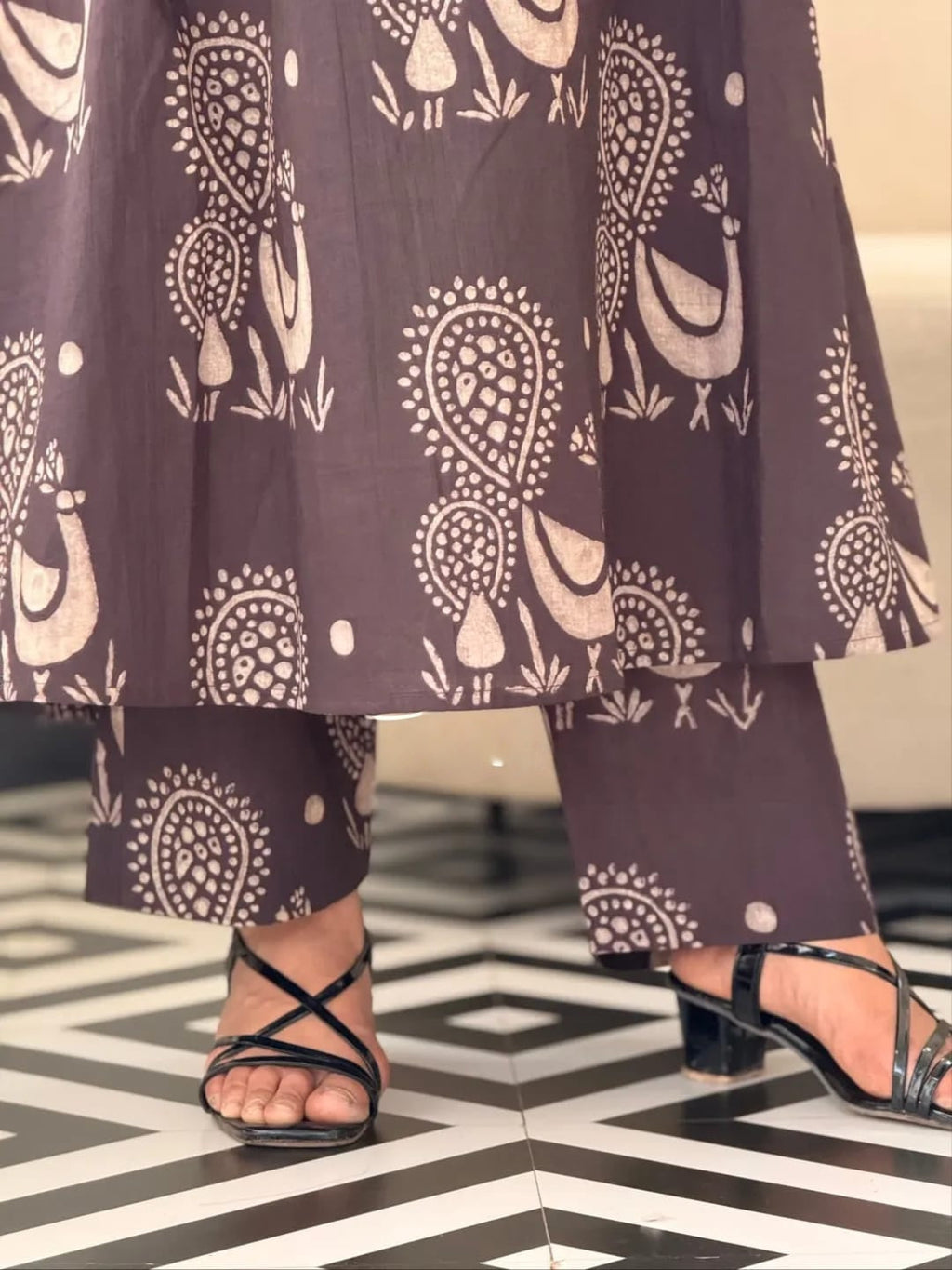 Mocha Brown Handblock Print A-Line Kurta Set for Women