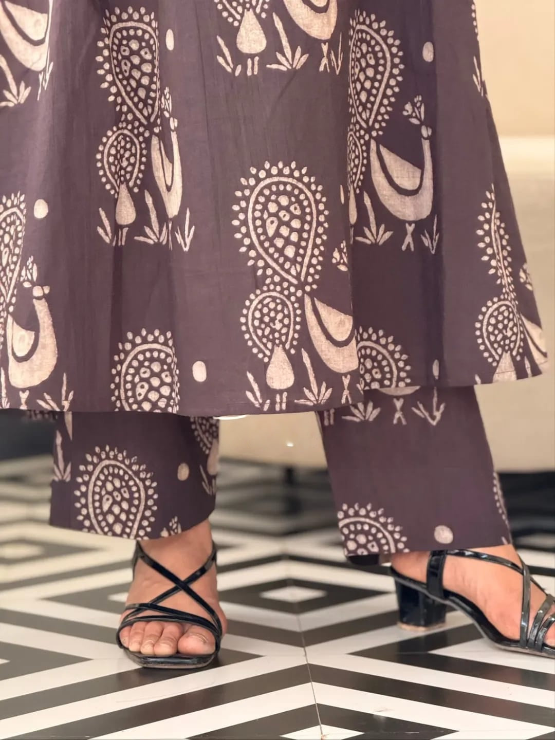 Mocha Brown Handblock Print A-Line Kurta Set for Women