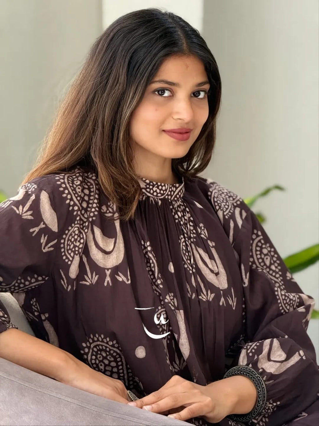 Mocha Brown Handblock Print A-Line Kurta Set for Women