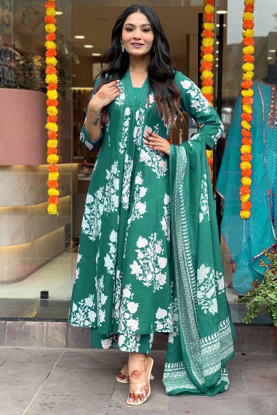 Graceful Green Floral Anarkali Suit Set