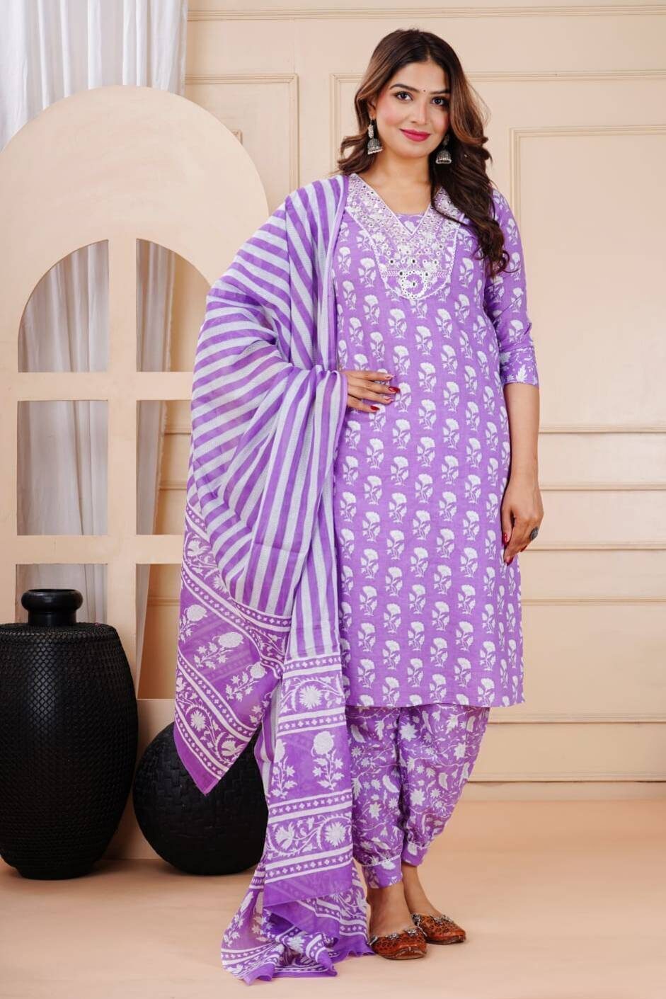 Lavender Printed Cotton Suit Set