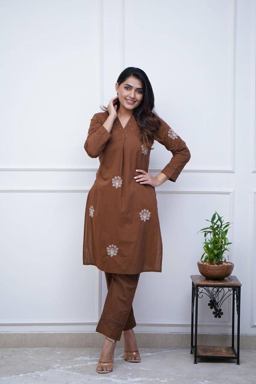 Chocolate Brown Embroidered Kurta Set