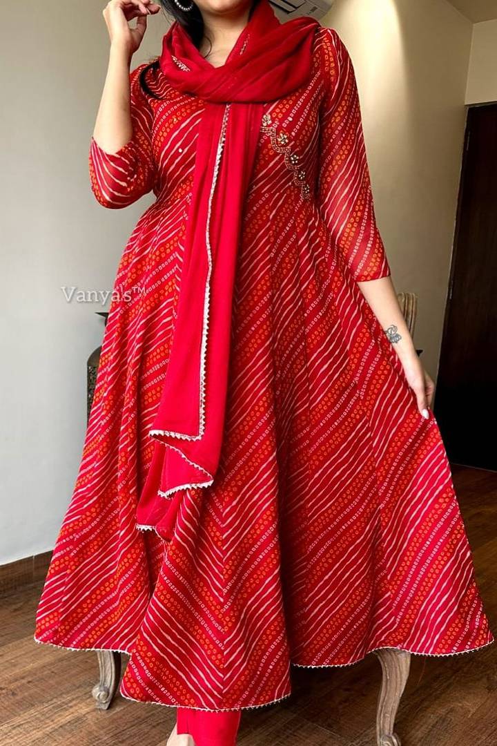 Fiery Red Bandhani Anarkali Set