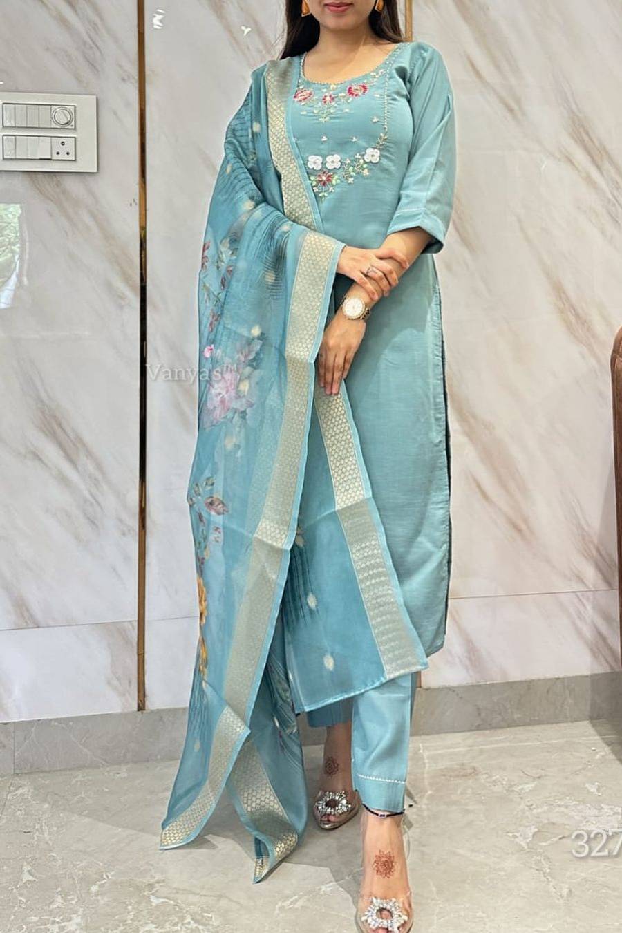 Blue Embroidered Silk Suit Set