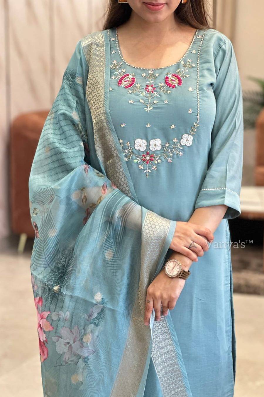 Second image of Blue Embroidered Silk Suit Set