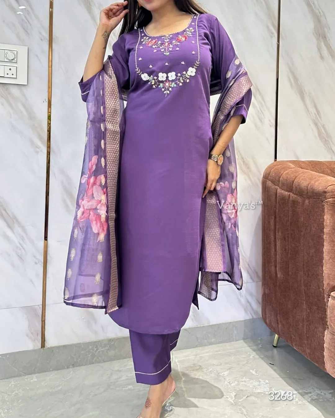 Second image of Royal Purple Embroidered Silk Suit Set