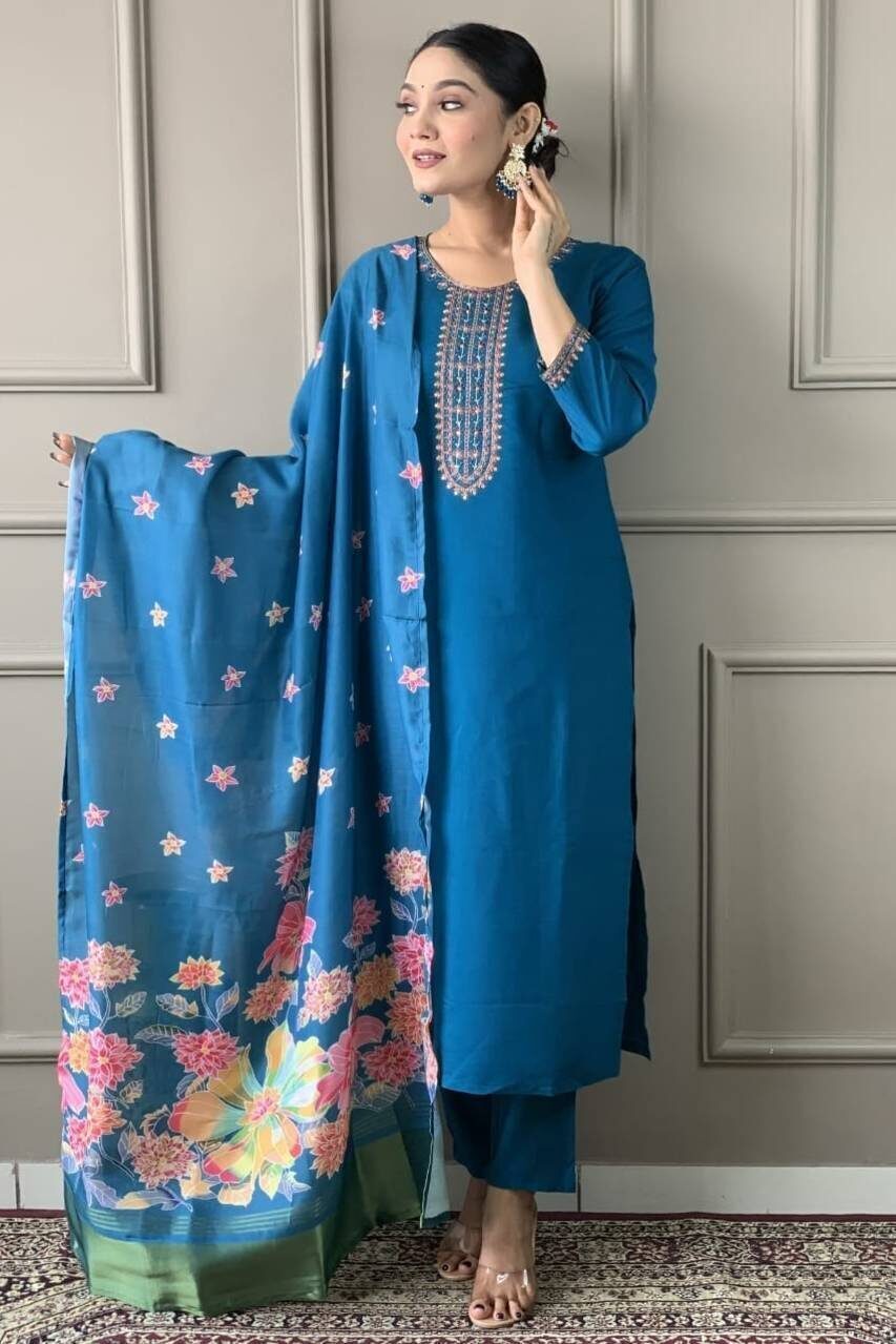 Elegant Blue Embroidered Kurta Set with Floral Dupatta