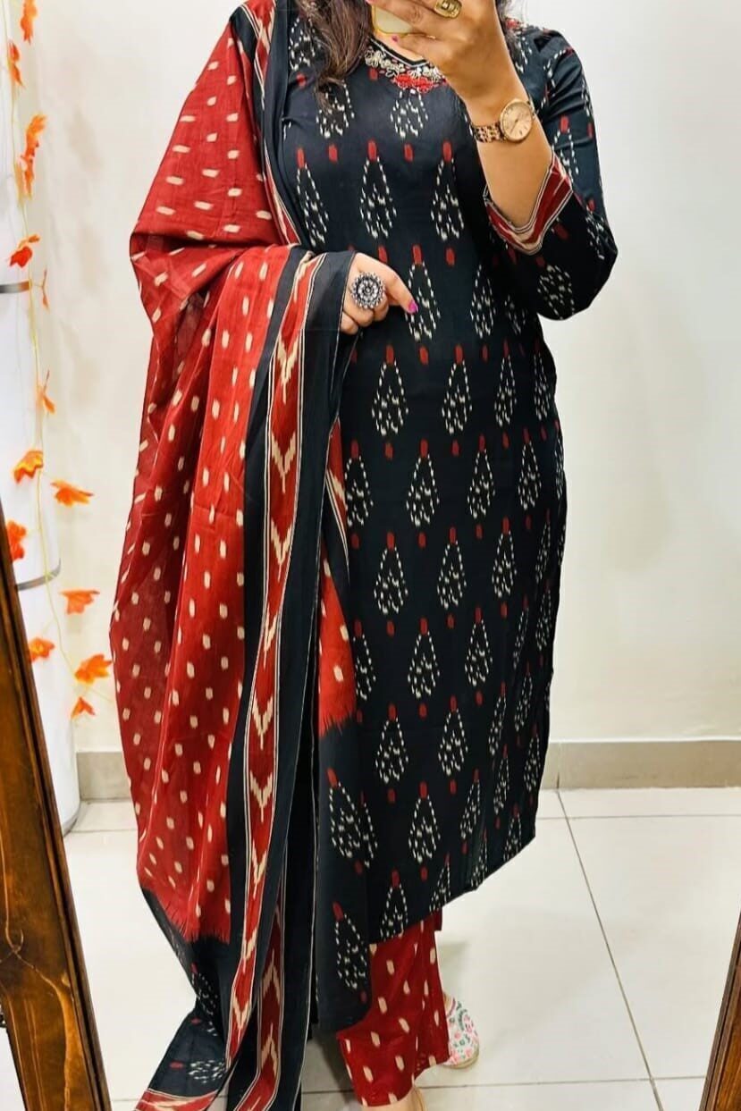 Elegant Black & Maroon Ikat Cotton Suit