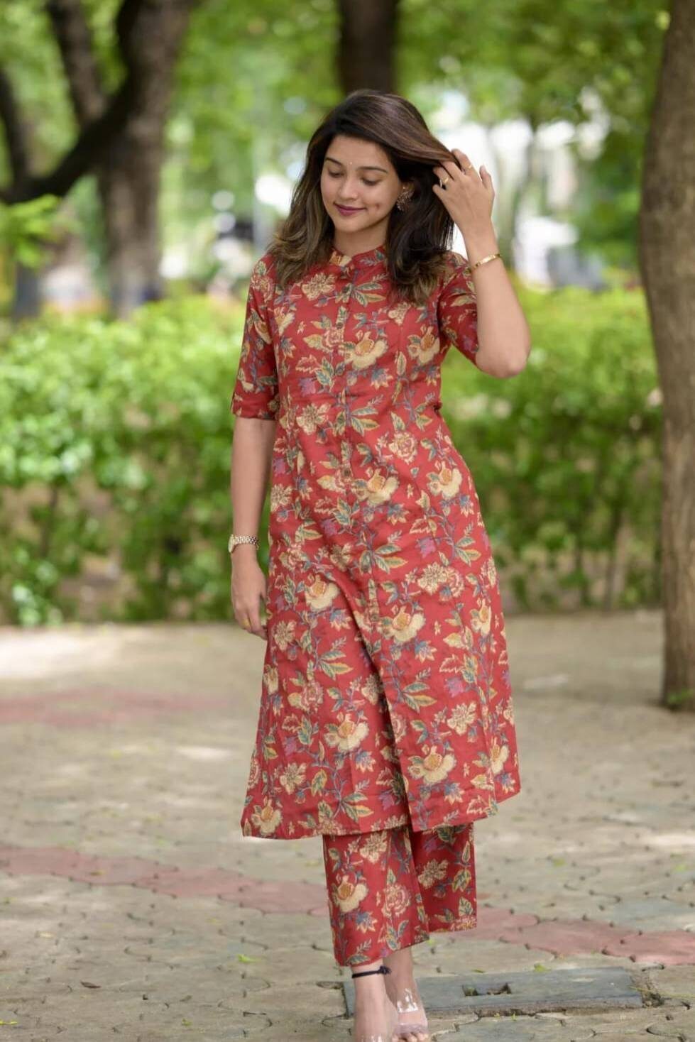 Rust Red Floral Printed Kurta Set