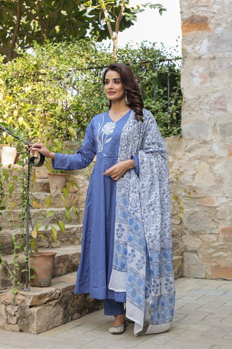 Elegant Blue Floral Anarkali Suit