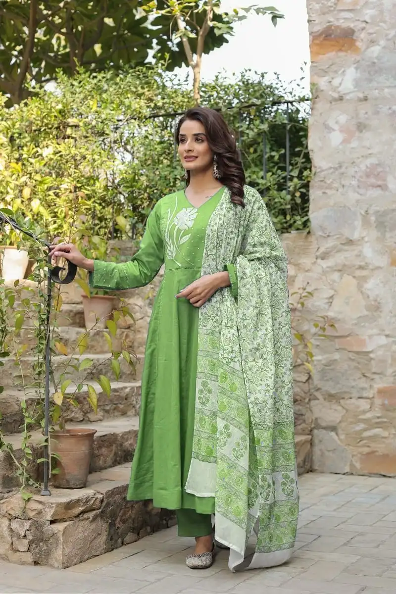 Second image of Elegant Green Floral Anarkali Suit