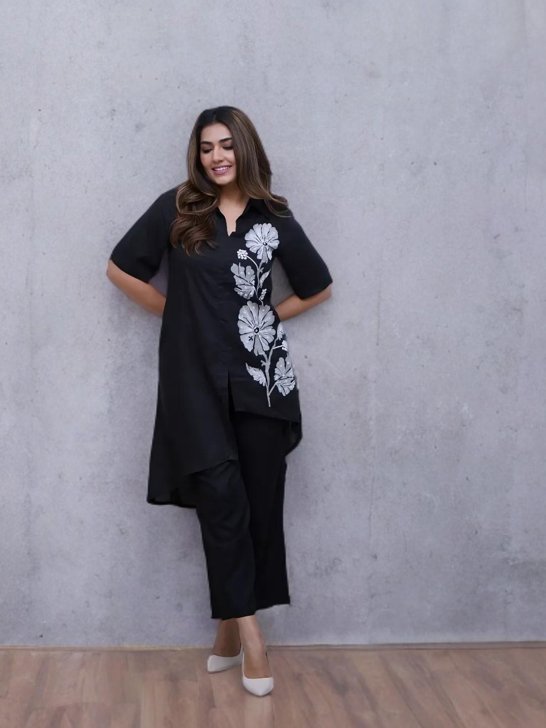 Black  Floral Embroidered Co-ord Set