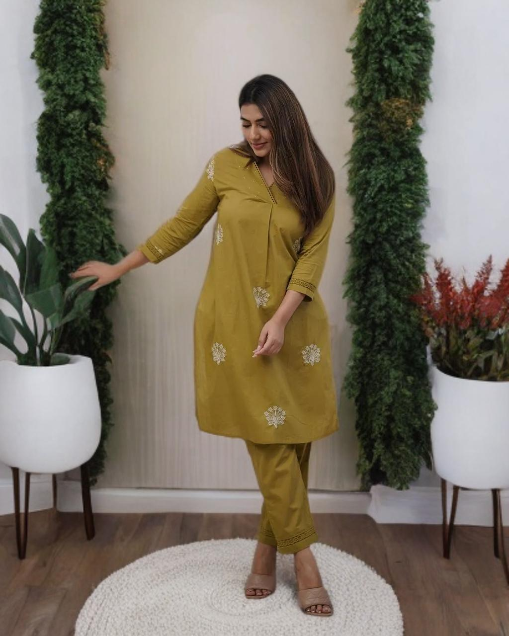Second image of Mustard Yellow Embroidered Cotton Kurta Set