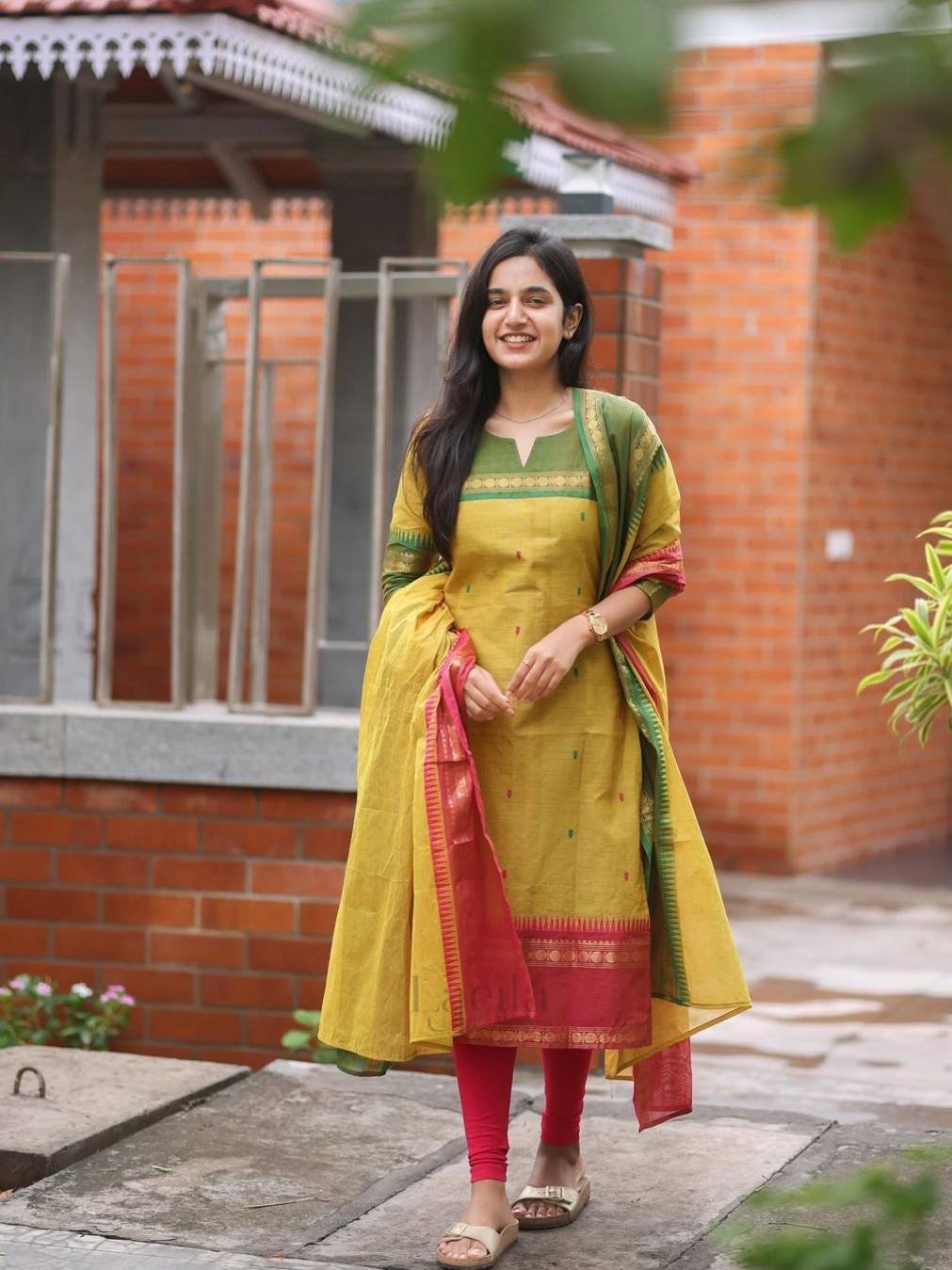 Mustard Cotton Silk Kurta Set with Contrast Dupatta