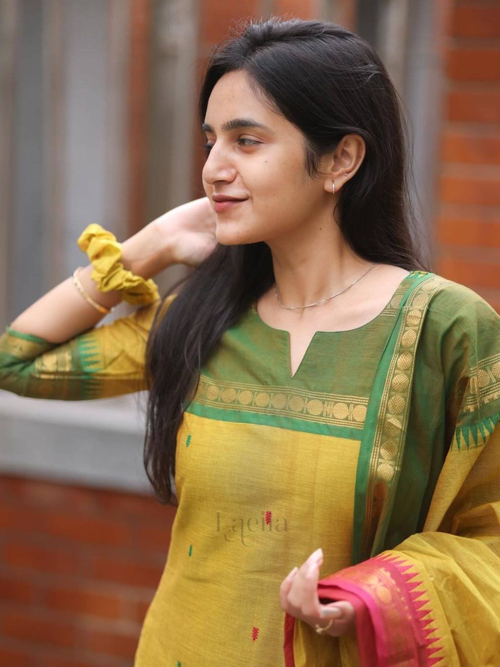 Second image of Mustard Cotton Silk Kurta Set with Contrast Dupatta