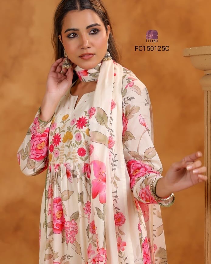 Second image of Elegant Ivory Floral Anarkali Suit Set With Pink & Peach Blossoms