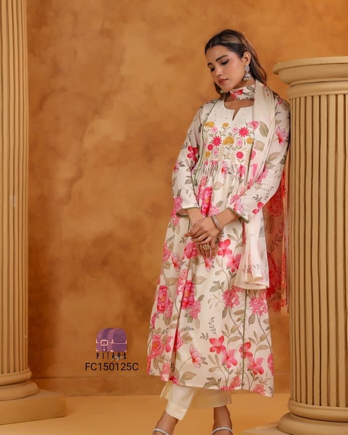 Elegant Ivory Floral Anarkali Suit Set With Pink & Peach Blossoms
