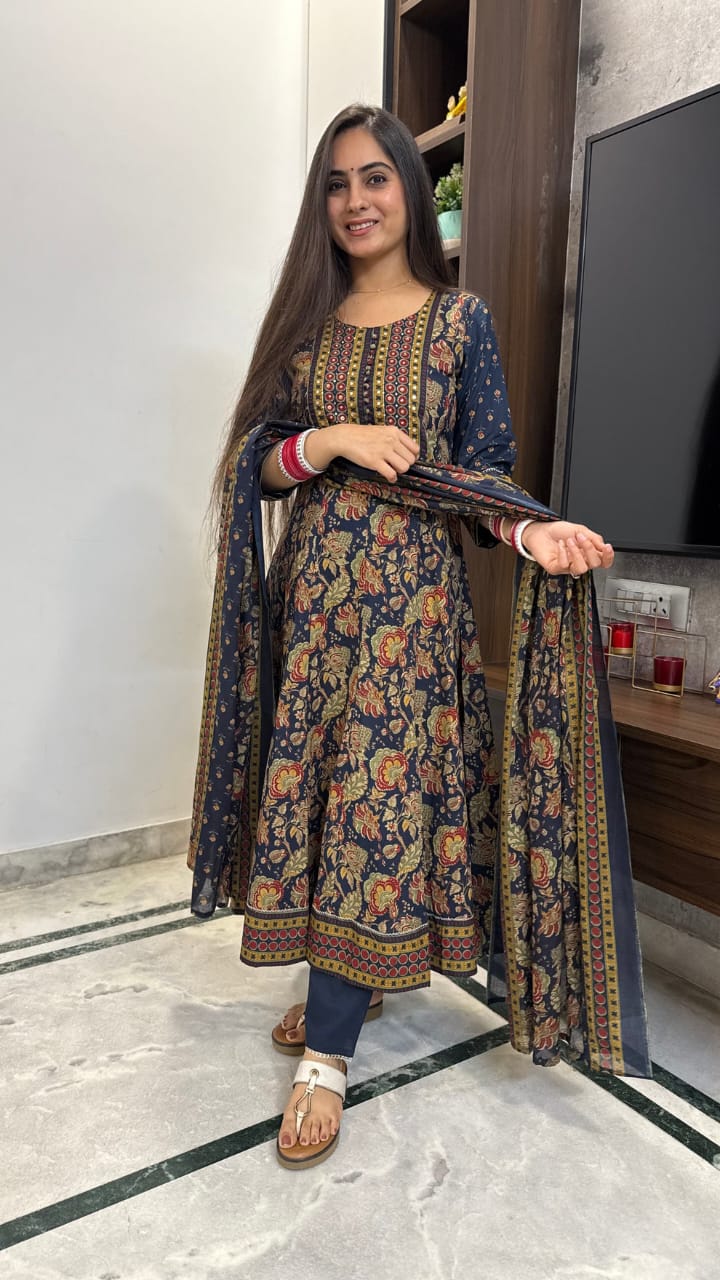 Second image of Elegant Navy Blue Anarkali Suit Set With Vintage Floral Prints