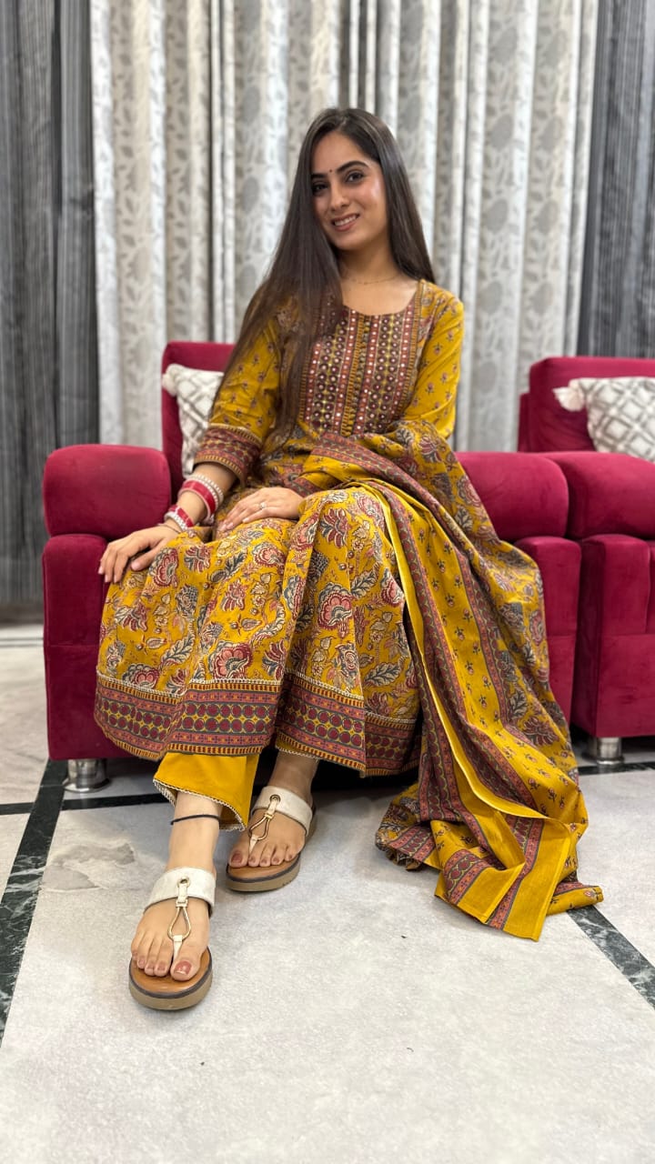 Second image of Mustard Yellow Anarkali Suit Set With Traditional Floral Print