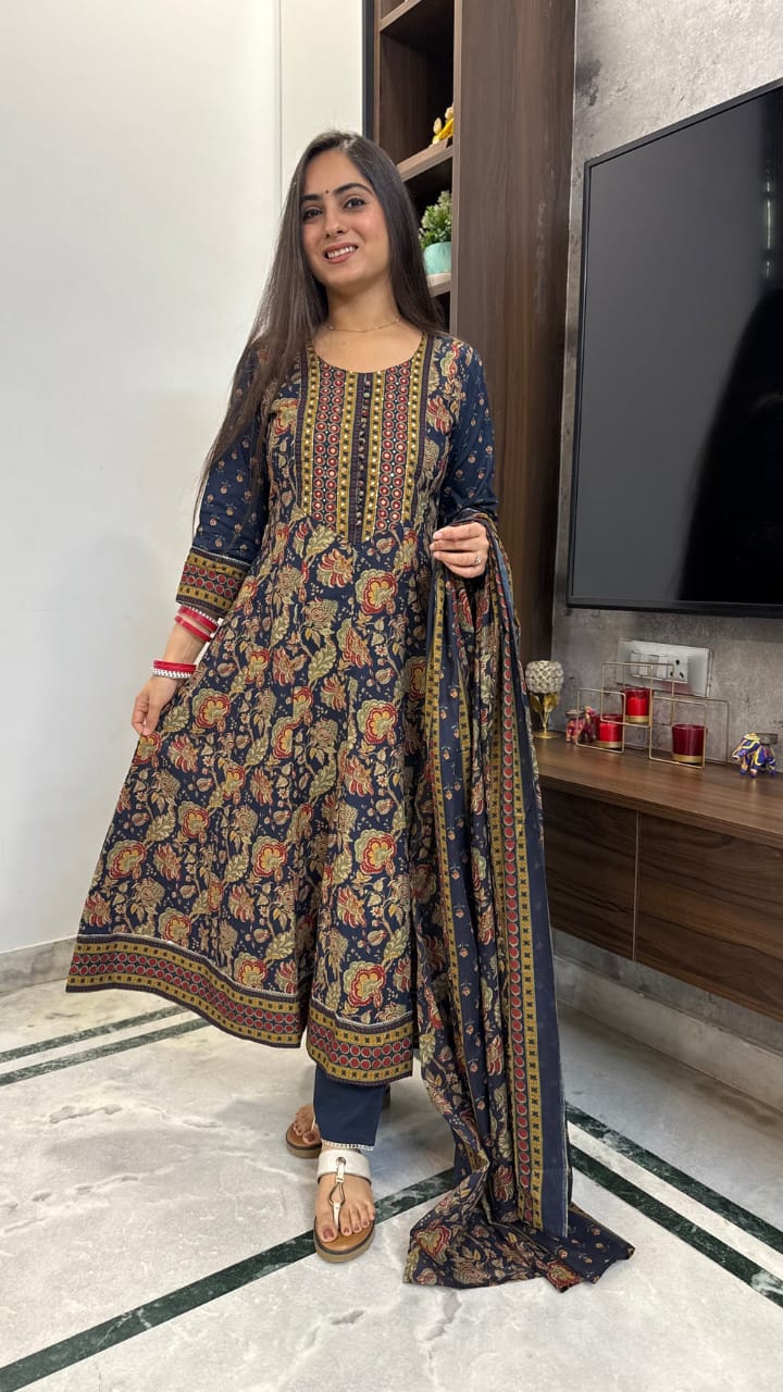 Elegant Navy Blue Anarkali Suit Set With Vintage Floral Prints