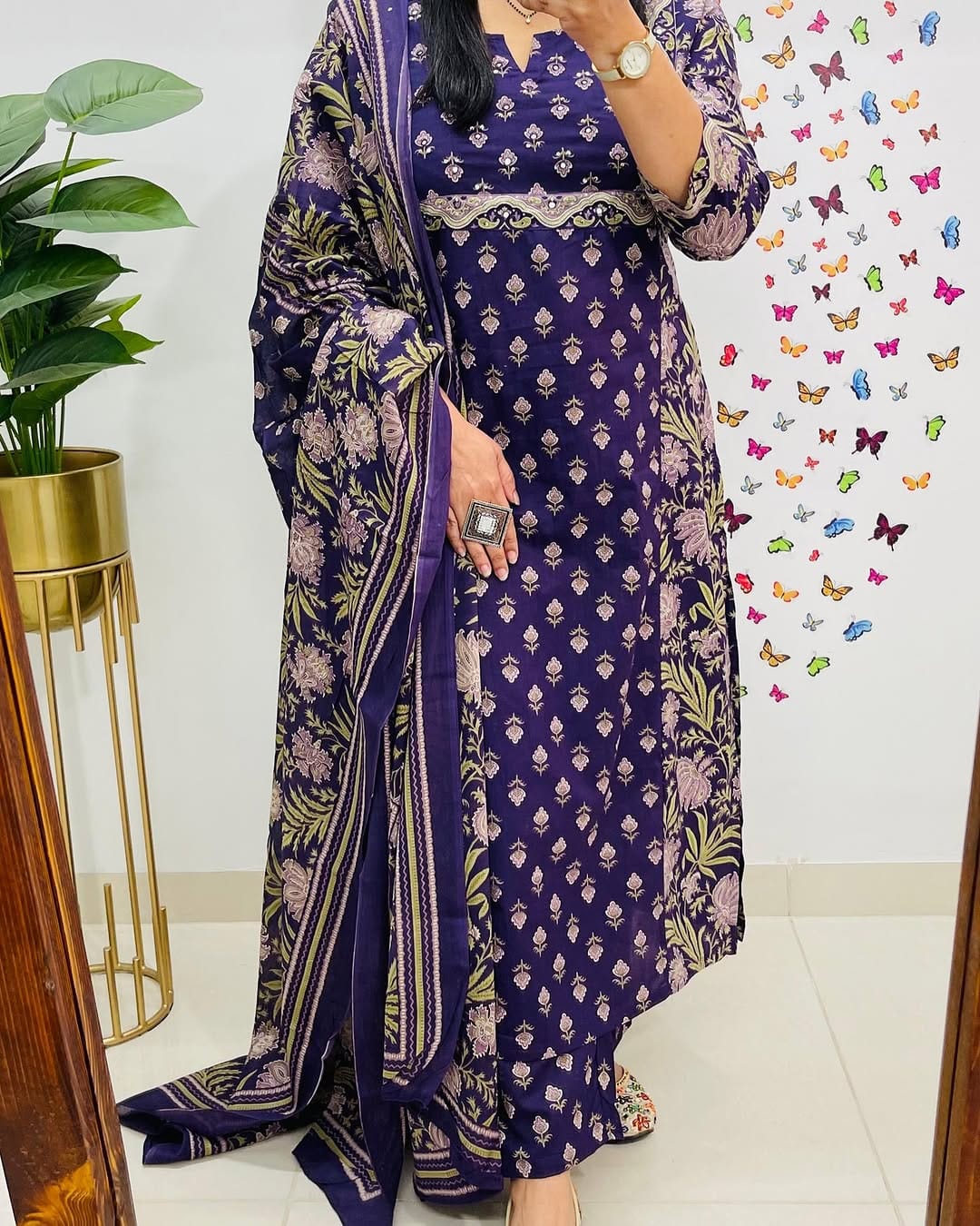 Second image of Royal Purple Printed Cotton Suit Set With Elegant Floral Dupatta