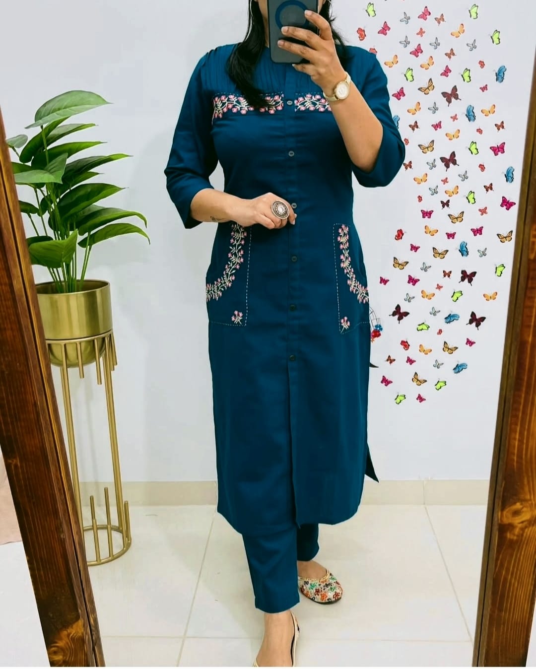 Second image of Deep Teal Embroidered Cotton Kurta Set