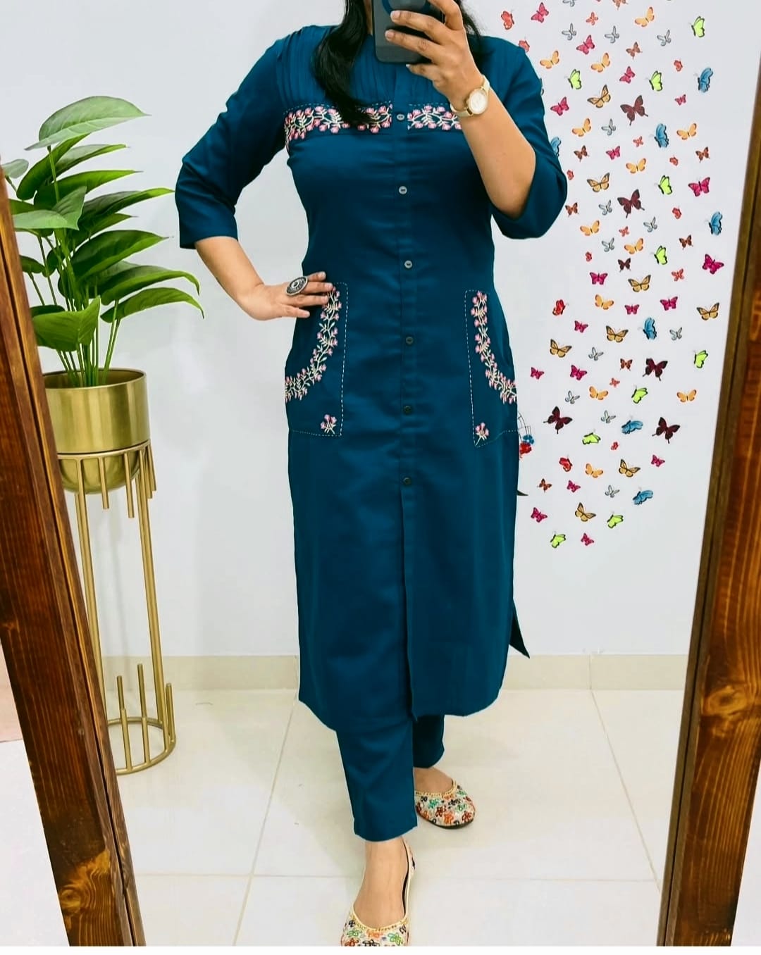 Deep Teal Embroidered Cotton Kurta Set