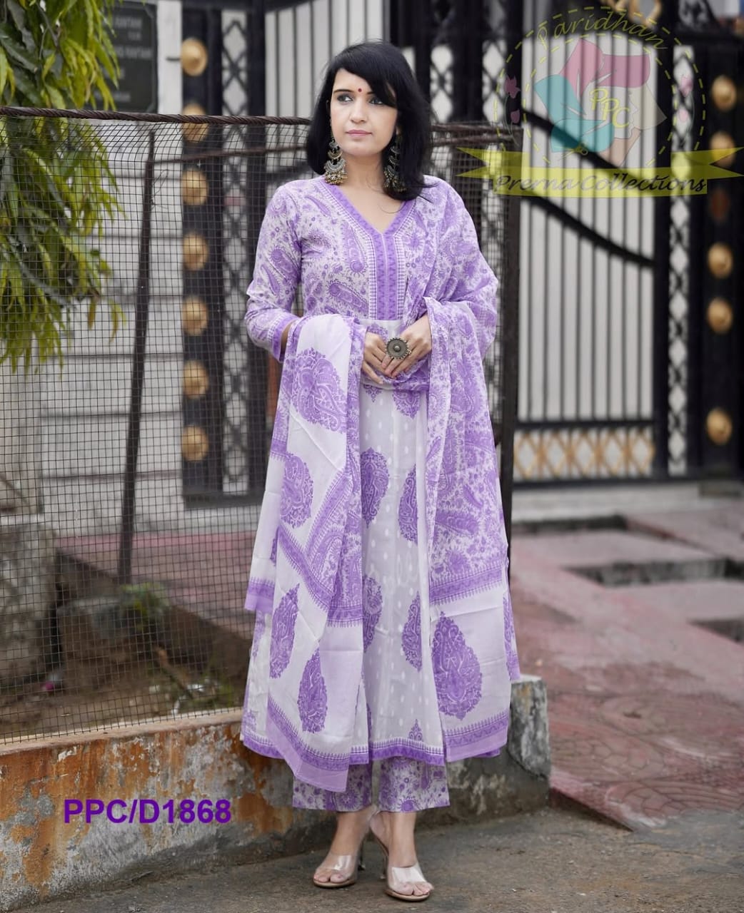 Second image of Lavender & White Traditional Cotton Printed Suit With Dupatta
