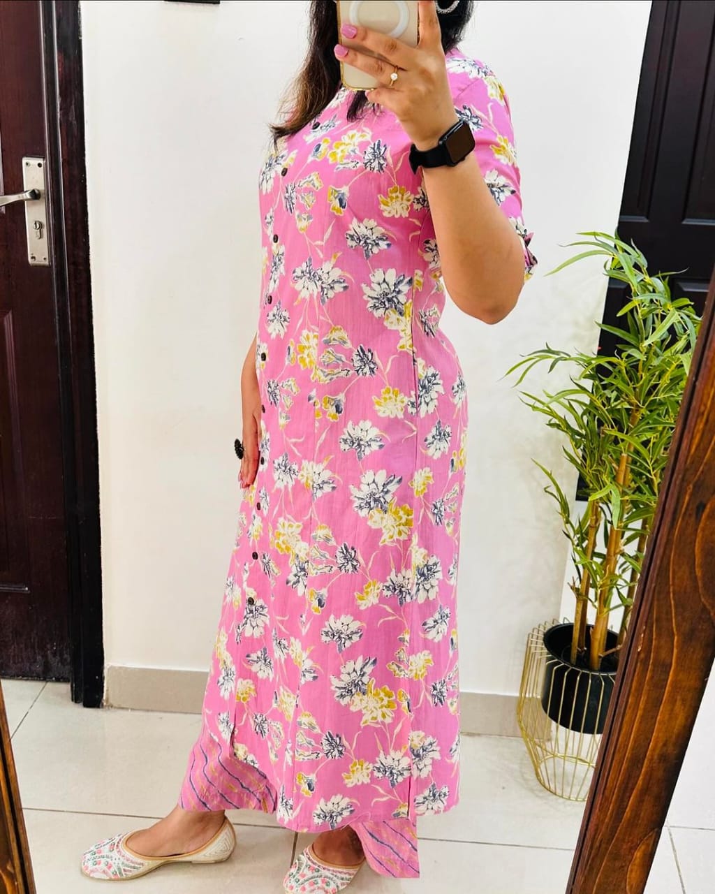Second image of Pink Floral Printed A-Line Kurta Set With Striped Pants