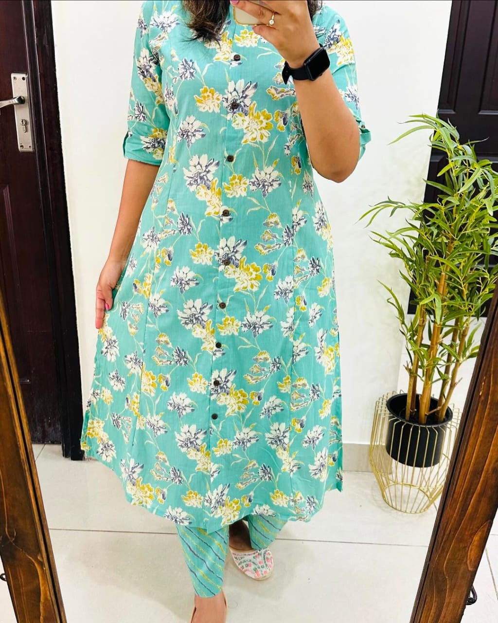 Aqua Floral Print Cotton Kurta Set with Striped Pants