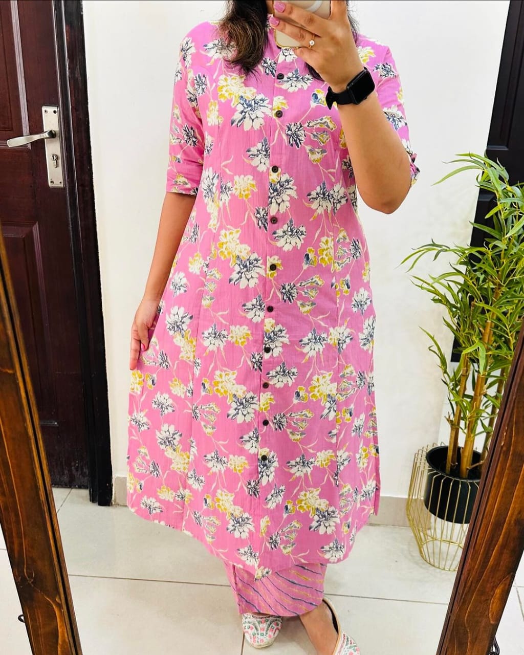 Pink Floral Printed A-Line Kurta Set With Striped Pants
