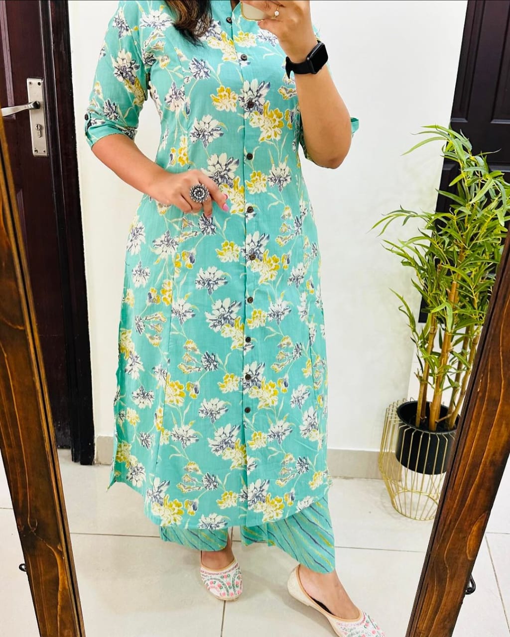 Second image of Aqua Floral Print Cotton Kurta Set with Striped Pants