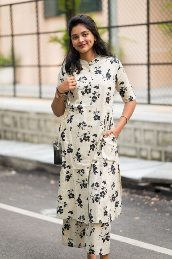 Beige Floral Co-ord Set With Mandarin Collar